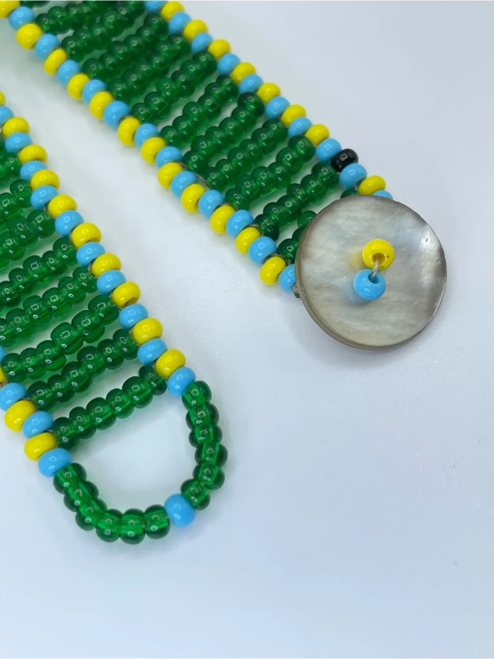 Handmade Green Blue Yellow Seed Bead Mother of Pearl Wide Bracelet Boho